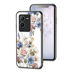 Coque Contour Silicone et Vitre Fleurs Miroir Etui Housse S01 pour Vivo V25 Pro 5G Blanc