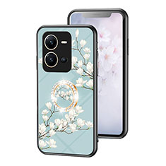 Coque Contour Silicone et Vitre Fleurs Miroir Etui Housse S01 pour Vivo V25e Cyan