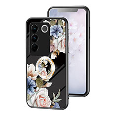 Coque Contour Silicone et Vitre Fleurs Miroir Etui Housse S01 pour Vivo V27 5G Noir