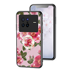 Coque Contour Silicone et Vitre Fleurs Miroir Etui Housse S01 pour Vivo X80 5G Rouge