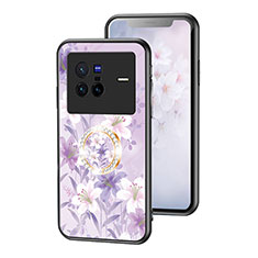 Coque Contour Silicone et Vitre Fleurs Miroir Etui Housse S01 pour Vivo X80 5G Violet Clair