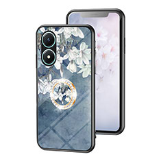 Coque Contour Silicone et Vitre Fleurs Miroir Etui Housse S01 pour Vivo Y02S Bleu