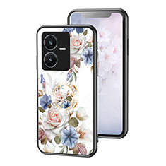 Coque Contour Silicone et Vitre Fleurs Miroir Etui Housse S01 pour Vivo Y22 Blanc