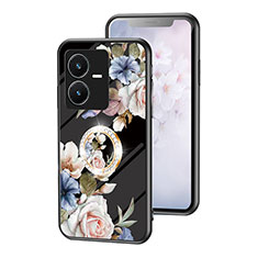 Coque Contour Silicone et Vitre Fleurs Miroir Etui Housse S01 pour Vivo Y22 Noir