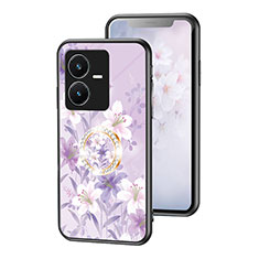 Coque Contour Silicone et Vitre Fleurs Miroir Etui Housse S01 pour Vivo Y22s Violet Clair