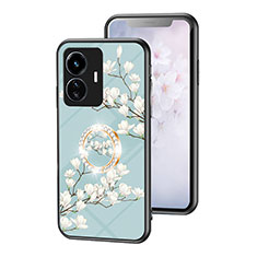 Coque Contour Silicone et Vitre Fleurs Miroir Etui Housse S01 pour Vivo Y77 5G Cyan