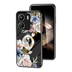 Coque Contour Silicone et Vitre Fleurs Miroir Etui Housse S01 pour Xiaomi Poco C65 Noir