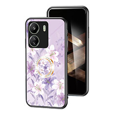 Coque Contour Silicone et Vitre Fleurs Miroir Etui Housse S01 pour Xiaomi Poco C65 Violet Clair