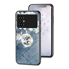 Coque Contour Silicone et Vitre Fleurs Miroir Etui Housse S01 pour Xiaomi Poco M4 5G Bleu