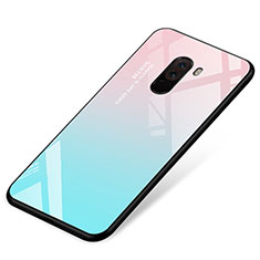 Coque Contour Silicone et Vitre Miroir Housse Etui Degrade Arc en Ciel pour Xiaomi Pocophone F1 Bleu Ciel