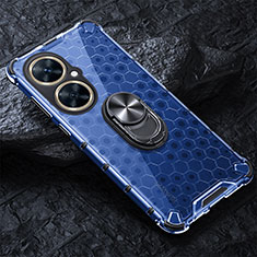 Coque Contour Silicone et Vitre Transparente Miroir 360 Degres avec Support Bague Anneau Aimante Magnetique AM1 pour Huawei Nova 11i Bleu