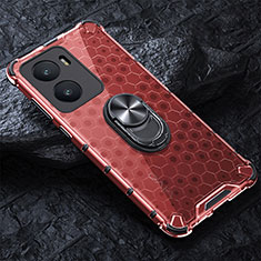 Coque Contour Silicone et Vitre Transparente Miroir 360 Degres avec Support Bague Anneau Aimante Magnetique AM1 pour Vivo T2x 5G V2253 Rouge