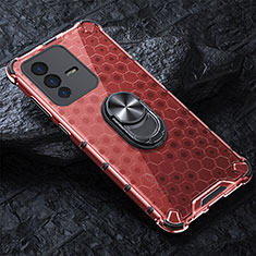 Coque Contour Silicone et Vitre Transparente Miroir 360 Degres avec Support Bague Anneau Aimante Magnetique AM1 pour Vivo V23 Pro 5G Rouge