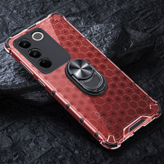 Coque Contour Silicone et Vitre Transparente Miroir 360 Degres avec Support Bague Anneau Aimante Magnetique AM1 pour Vivo V27e 5G Rouge