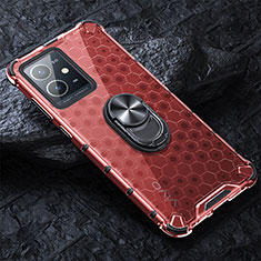 Coque Contour Silicone et Vitre Transparente Miroir 360 Degres avec Support Bague Anneau Aimante Magnetique AM1 pour Vivo Y52t 5G Rouge