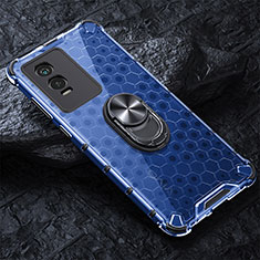 Coque Contour Silicone et Vitre Transparente Miroir 360 Degres avec Support Bague Anneau Aimante Magnetique AM1 pour Vivo Y76s 5G Bleu