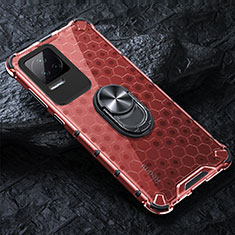 Coque Contour Silicone et Vitre Transparente Miroir 360 Degres avec Support Bague Anneau Aimante Magnetique AM1 pour Xiaomi Poco F4 5G Rouge