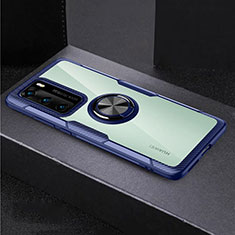 Coque Contour Silicone et Vitre Transparente Miroir 360 Degres avec Support Bague Anneau Aimante Magnetique pour Huawei P40 Bleu