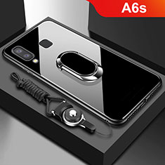 Coque Contour Silicone et Vitre Transparente Miroir 360 Degres avec Support Bague Anneau Aimante Magnetique pour Samsung Galaxy A6s Noir