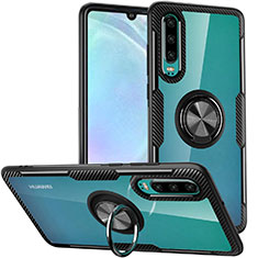 Coque Contour Silicone et Vitre Transparente Miroir 360 Degres avec Support Bague Anneau Aimante Magnetique S01 pour Huawei P30 Noir