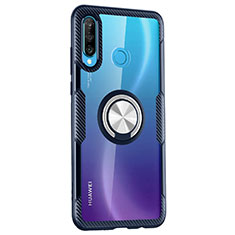 Coque Contour Silicone et Vitre Transparente Miroir 360 Degres avec Support Bague Anneau Aimante Magnetique Z01 pour Huawei P30 Lite Bleu