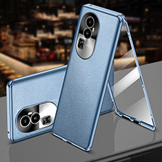 Coque Luxe Aluminum Metal et Cuir Housse Etui 360 Degres P01 pour Oppo Reno10 Pro+ Plus 5G Bleu Ciel