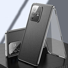 Coque Luxe Aluminum Metal et Cuir Housse Etui 360 Degres pour Vivo V23 5G Noir