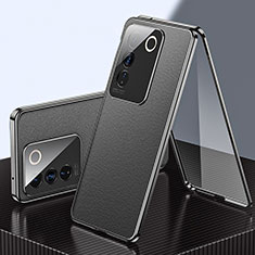 Coque Luxe Aluminum Metal et Cuir Housse Etui 360 Degres pour Vivo V27 5G Noir