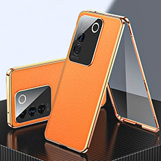 Coque Luxe Aluminum Metal et Cuir Housse Etui 360 Degres pour Vivo V27e 5G Orange