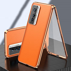 Coque Luxe Aluminum Metal et Cuir Housse Etui 360 Degres pour Vivo X70 5G Orange