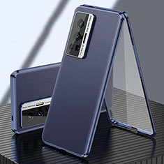 Coque Luxe Aluminum Metal et Cuir Housse Etui 360 Degres pour Vivo X70 Pro 5G Bleu