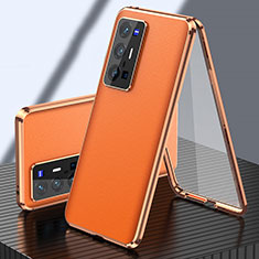 Coque Luxe Aluminum Metal et Cuir Housse Etui 360 Degres pour Vivo X70 Pro+ Plus 5G Orange