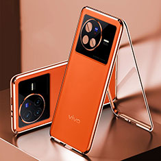 Coque Luxe Aluminum Metal et Cuir Housse Etui 360 Degres pour Vivo X80 5G Orange