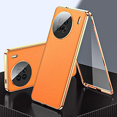 Coque Luxe Aluminum Metal et Cuir Housse Etui 360 Degres pour Vivo X90 Pro 5G Orange