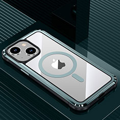 Coque Luxe Aluminum Metal Housse et Bumper Silicone Etui avec Mag-Safe Magnetic Magnetique QC1 pour Apple iPhone 13 Cyan