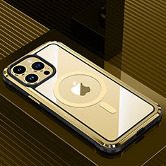 Coque Luxe Aluminum Metal Housse et Bumper Silicone Etui avec Mag-Safe Magnetic Magnetique QC1 pour Apple iPhone 14 Pro Max Or