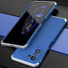 Coque Luxe Aluminum Metal Housse Etui 360 Degres P01 pour Xiaomi Poco F3 5G Argent et Bleu