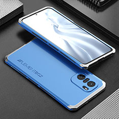 Coque Luxe Aluminum Metal Housse Etui 360 Degres pour Xiaomi Redmi K40 5G Argent et Bleu