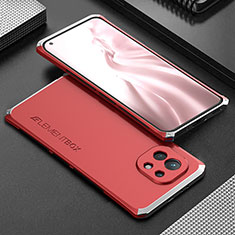 Coque Luxe Aluminum Metal Housse Etui T01 pour Xiaomi Mi 11 Lite 4G Argent et Rouge