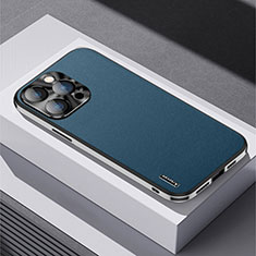 Coque Luxe Cuir Housse Etui AT5 pour Apple iPhone 15 Pro Bleu