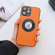 Coque Luxe Cuir Housse Etui avec Mag-Safe Magnetic Magnetique QC3 pour Apple iPhone 15 Pro Orange