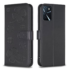 Coque Portefeuille Fleurs Livre Cuir Etui Clapet BF1 pour Oppo A16 Noir