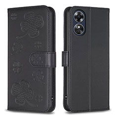 Coque Portefeuille Fleurs Livre Cuir Etui Clapet BF1 pour Oppo A17 Noir