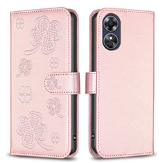 Coque Portefeuille Fleurs Livre Cuir Etui Clapet BF1 pour Oppo A17 Or Rose