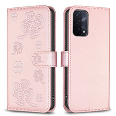 Coque Portefeuille Fleurs Livre Cuir Etui Clapet BF1 pour Oppo A54 5G Or Rose