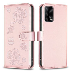 Coque Portefeuille Fleurs Livre Cuir Etui Clapet BF1 pour Oppo F19 Or Rose