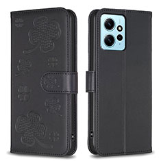 Coque Portefeuille Fleurs Livre Cuir Etui Clapet BF1 pour Xiaomi Redmi Note 12 4G Noir