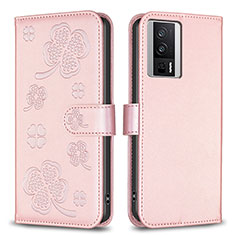 Coque Portefeuille Fleurs Livre Cuir Etui Clapet BF2 pour Xiaomi Redmi K60 Pro 5G Or Rose