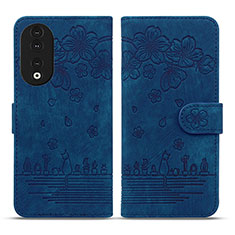 Coque Portefeuille Fleurs Livre Cuir Etui Clapet HF1 pour Huawei Honor 90 5G Bleu