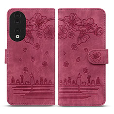 Coque Portefeuille Fleurs Livre Cuir Etui Clapet HF1 pour Huawei Honor 90 5G Rouge